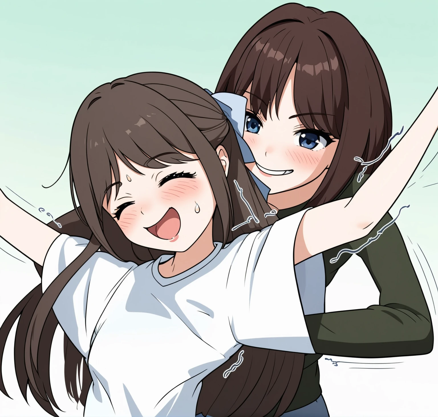 two extremely delicate and beautiful girls,Girl in white shirt raising her arms,The other girl put her hand into the sleeve of the girl in the white shirt with a sly smile,(laughing:1.4),(big mouth:1.1),open mouth,happy,(frown:1.3),crazy smile,(pain face:1.2),blush,tears,sweat,(tickling armpits),((trembling)),(((masterpiece))), (((best quality))), (official art), ((extremely detailed CG unity 8k wallpaper)), (Best character details), ((ultra-detailed)), (illustration), (dynamic angle),