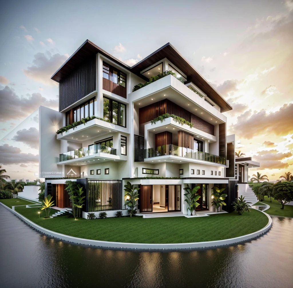 Located at the corner of a bustling intersection, this stunning urban villa masterfully blends the timeless elegance of Tropical style with contemporary design elements, street, no pool, The villa's facade, adorned with expansive glass walls, allows natural light to flood the interior, creating a harmonious connection between the indoor and outdoor spaces. The intricate wrought iron railings and traditional woodwork are complemented by sleek modern finishes, resulting in a striking visual contrast. Lush greenery surrounds the villa, softening its architectural lines and adding to its charm. This fusion of old-world charm and modern sophistication makes the villa a captivating landmark in the cityscape, 3dsmax render, realistic photo