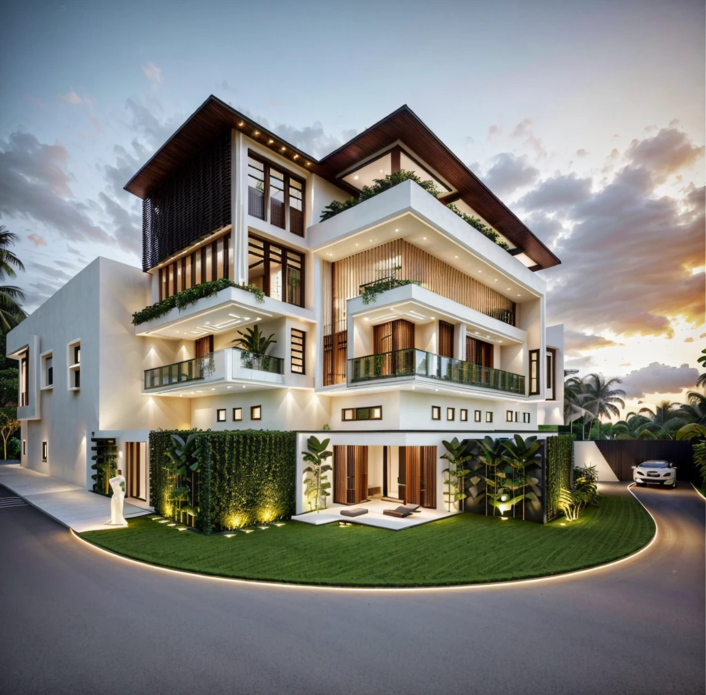 Located at the corner of a bustling intersection, this stunning urban villa masterfully blends the timeless elegance of Tropical style with contemporary design elements, street, no pool, The villa's facade, adorned with expansive glass walls, allows natural light to flood the interior, creating a harmonious connection between the indoor and outdoor spaces. The intricate wrought iron railings and traditional woodwork are complemented by sleek modern finishes, resulting in a striking visual contrast. Lush greenery surrounds the villa, softening its architectural lines and adding to its charm. This fusion of old-world charm and modern sophistication makes the villa a captivating landmark in the cityscape, 3dsmax render, realistic photo