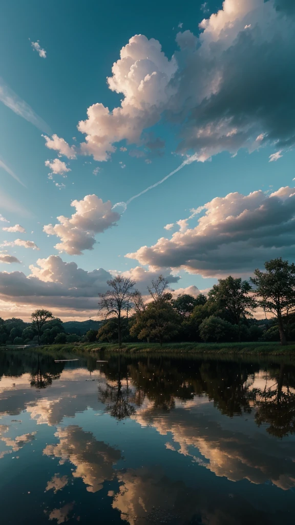 A hyper-detailed and realistic illustration in the style of Makoto Shinkai. Depict a serene urban scene reflected in a puddle after a rainstorm, with an emphasis on the impressive blue sky and soft, dramatic clouds. The scene features buildings, power lines, and a solitary tree, all reflected perfectly in the puddle. The sky should be a refreshing light blue, with low contrast and a soft, gentle impression. The overall mood should evoke a sense of calm and tranquility, with meticulous attention to the interplay of light and shadow, and the use of subtle colors to highlight the striking sky and clouds.