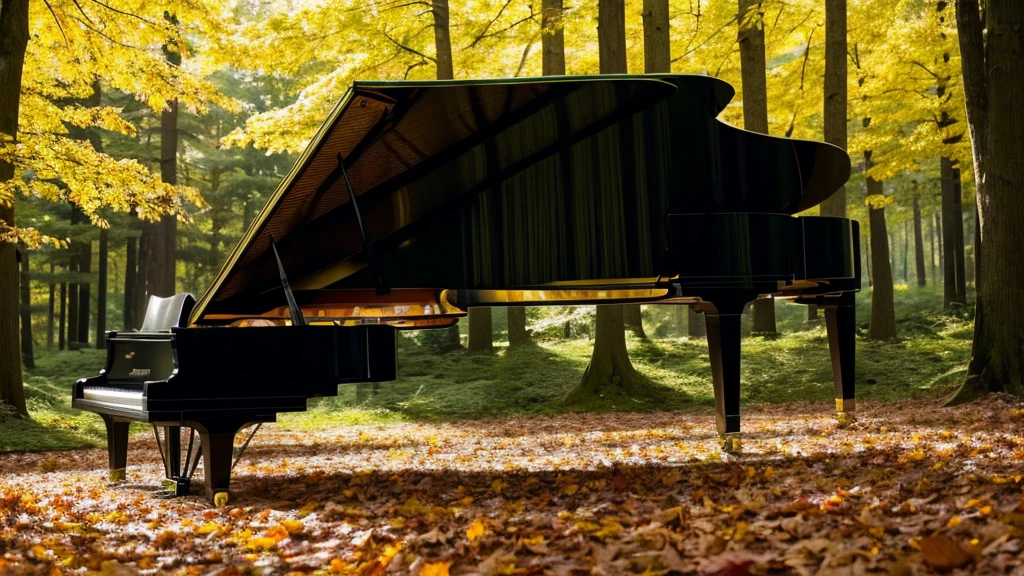 A grand piano placed in a forest of green autumn leaves with sunlight filtering through the trees、The soft sunlight filtering through the trees makes it sparkle.、One grand piano、There is no one、新海誠風のAn illustrationタッチで、粗いanime風に、anime、An illustration、Green fallen leaves、Black Grand Piano