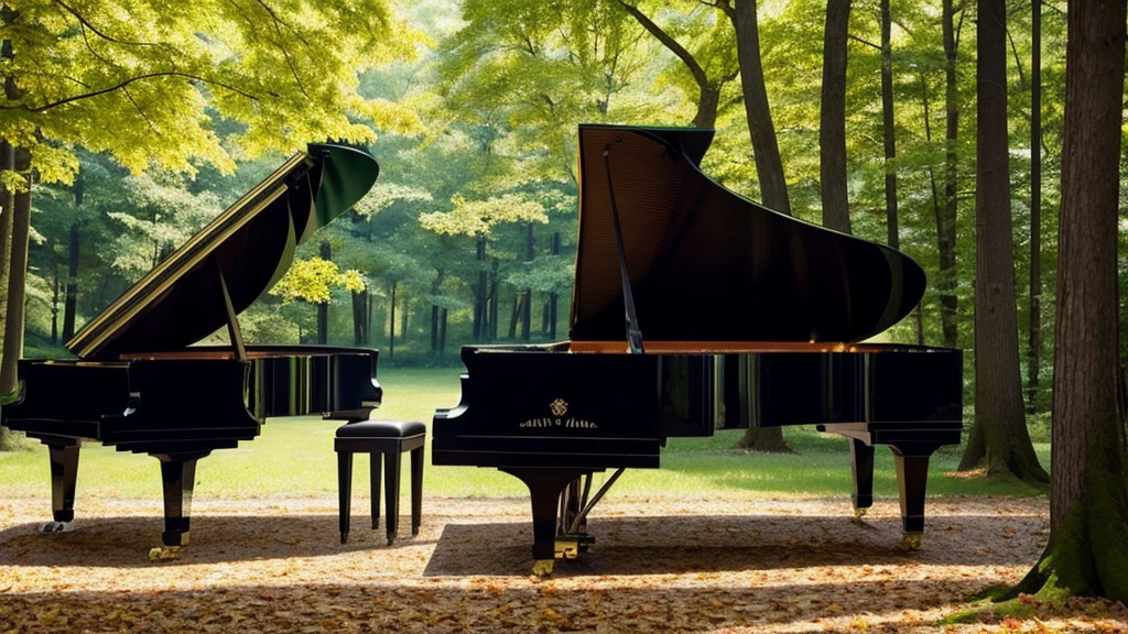 A grand piano placed in a forest of green autumn leaves with sunlight filtering through the trees、The soft sunlight filtering through the trees makes it sparkle.、One grand piano、There is no one、新海誠風のAn illustrationタッチで、粗いanime風に、anime、An illustration、Green fallen leaves、Black Grand Piano