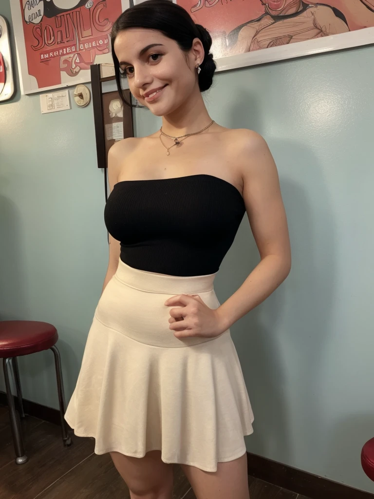 high quality, high resolution, 24 years old, Gabriela1, black hair, bun hair, ((1950s diner)), ((large breasts and hips)), ((classic 1950s hour-glass pin-up girl figure)), ((ultra-mini skirt showing long shapely legs)), Bobbi-socks, well-drawn perfect eyes, perfect teeth, ((well-drawn well-proportioned anatomy))