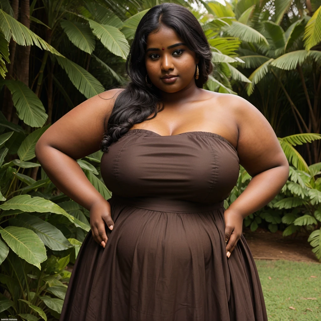 DARK SKIN, South Indian WOMAN, OBESE, FAT, PLUMP, CHUBBY, STRAPLESS DRESS, OUTDOOR, REALISTIC