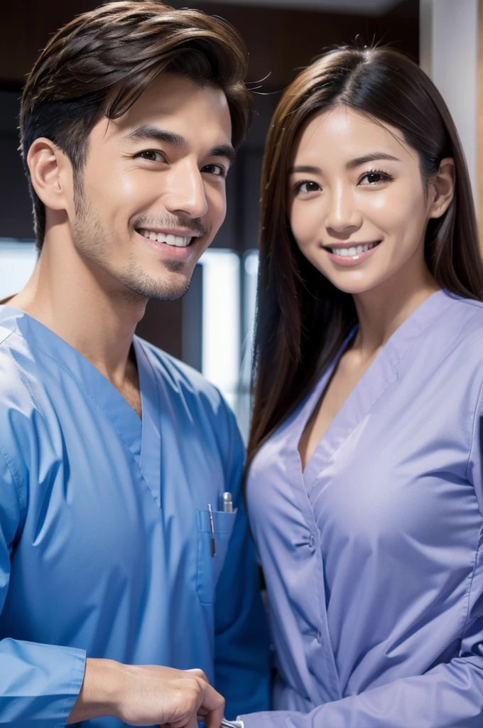 Male dentist and female dental hygienist　２people　A good business partner　No mask　日本people系　Wearing a lab coat　Wearing medical scrubs　Upper body close-up　high resolution　high resolution　highest quality　smile　front　Upper body close-up