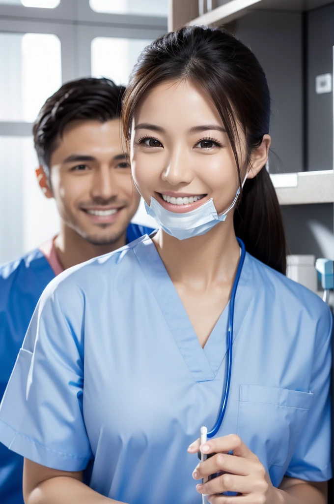 Male dentist and female dental hygienist　２people　A good business partner　No mask　日本people系　Wearing a lab coat　Wearing medical scrubs　Upper body close-up　high resolution　high resolution　highest quality　smile　front　Upper body close-up