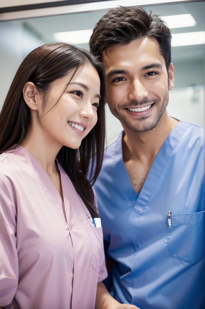 Male dentist and female dental hygienist 2people A good business partner No mask 日本people系 Wearing a lab coat Wearing medical scrubs Upper body close-up high resolution high resolution highest quality smile front Upper body close-up