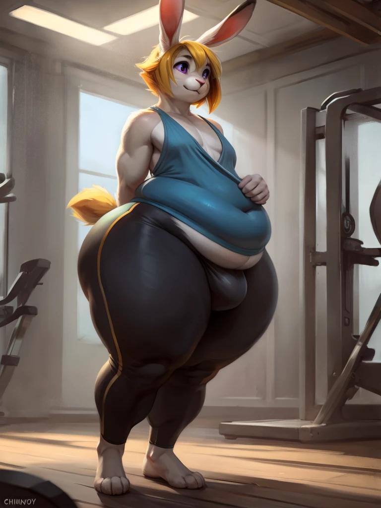 (masterpiece, best quality, a small bunny boy standing in a gym, femboy, ((hyper thighs)), fat, wide hips, hyper hips, hyper ass, small bulge, sporty clothes, tight yoga pants, huge ass, bottom-heavy, golden fur, fat, fatfur, furry, feminine man, feminine boy, bunny, rabbit, large eyes, purple eyes, ((droopy ears,)), cute, short, hair fringe, flat chest, masculine chest, golden hair,:1.3), crisp vibrant detailed soft painterly digital art, volumetric lighting, natural lighting, realistic lighting, vibrant colors, crisp oil painting, painterly realism, depth of field, subtle soft details, vivid, fresh, striking, by chunie, by darkgem, by honovy, by zaush, by anhes, by puinkey, by caraid, by dagasi, by taranfiddler, by atey ghailan, by MilletGustave, by Curbet, Charlie Bowater, lol art