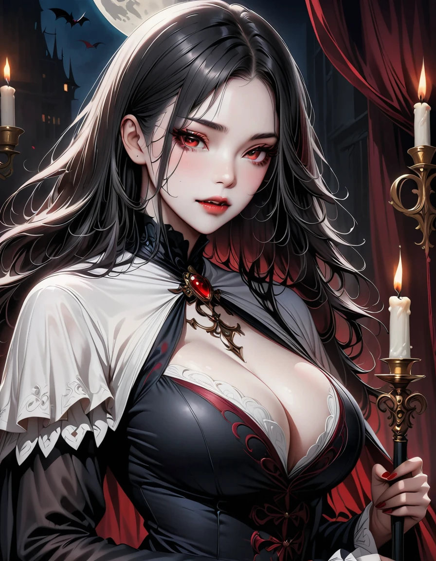 (highest quality, 4k, 8K, High resolution, masterpiece:1.2), Super detailed, vampire, Detailed and beautiful eyes, luscious lips, luxurious appearance, pale skin, flowing black hair, big breasts, Dark Mysterious Atmosphere, ornate victorian costumes, sharp fangs, seductive charm, elegant posture, sharp gaze, Moonlit settings, Elegant and sophisticated style, Subtle nuances of light and shadow, Color palette of deep burgundy and rich black, twinkling candle light, artistic brush strokes, unforgettably beautiful, highly realistic rendering, A fascinating masterpiece.