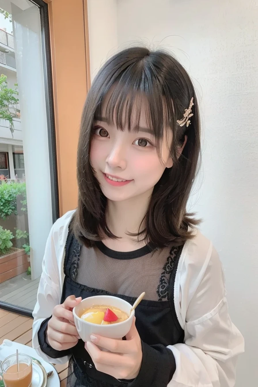 best quality, ultra high res, (photorealistic:1.4), female 25 years old, layered hair with bangs, black eyes, happy and cheerful, elegant, women in cute clothes having breakfast