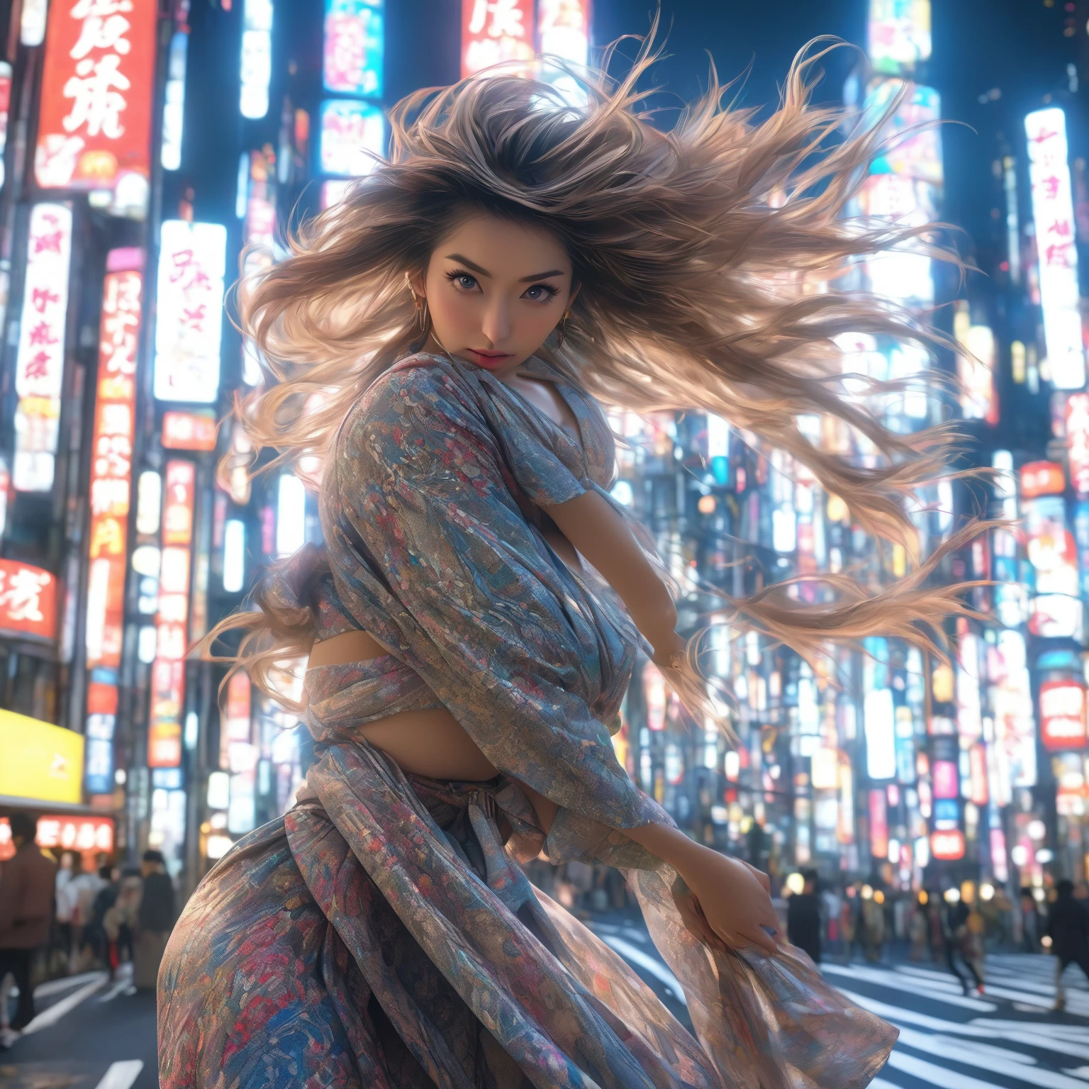 A beautiful woman in a dynamic pose standing in the bustling streets of Tokyo, feeling the stress of the city, detailed facial features, intricate clothing, urban background, cinematic lighting, photorealistic, 8k, highly detailed, masterpiece