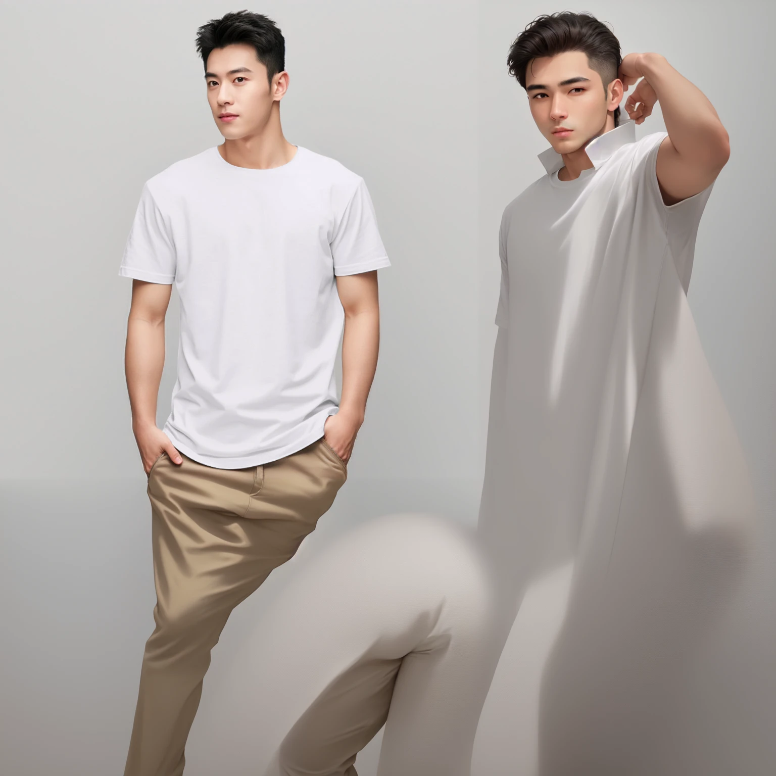Alafiid man in white shirt and khaki pants poses for a photo, Short sleeve, plain White T-shirt, White T-shirt, White T-shirt, man in White T-shirt, White T-shirt, Wear a white T-shirt, Official product images, dressed in a White T-shirt, product photo, Medium wide angle front view, 3/4 Front view