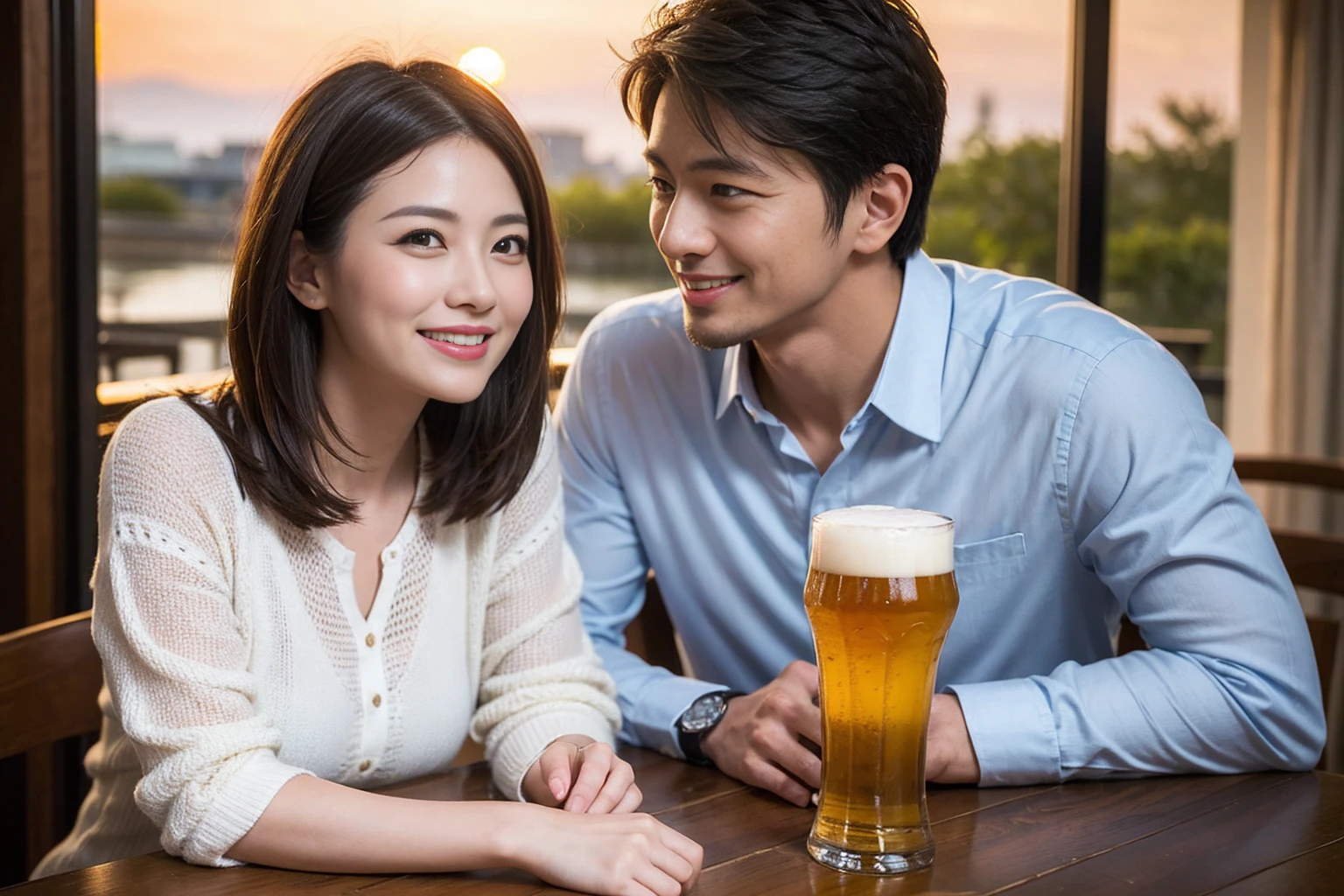 ((highest quality、8k、masterpiece:1.3))、 (Real, Genuine、Face carefully、Bright image、Intricate details:1.2), 最高のsmile、1 male, 1 female、Beautiful couple、Lovers、Japanese couple、A gentle lover、actress、model、smile、Glasses on the table、full-course dinner、Japanese sake,Junmai Ginjo,Sake Glass, Shochu、Beer  (Slim face), (the body is slim), (Brown Hair), (short hair), Please put light on my face、 Amazing view of the sunset sky and clouds、 (42 years old), 39 years old, Fashionable shirts,dress、Delicate eyes, double eyelid, 