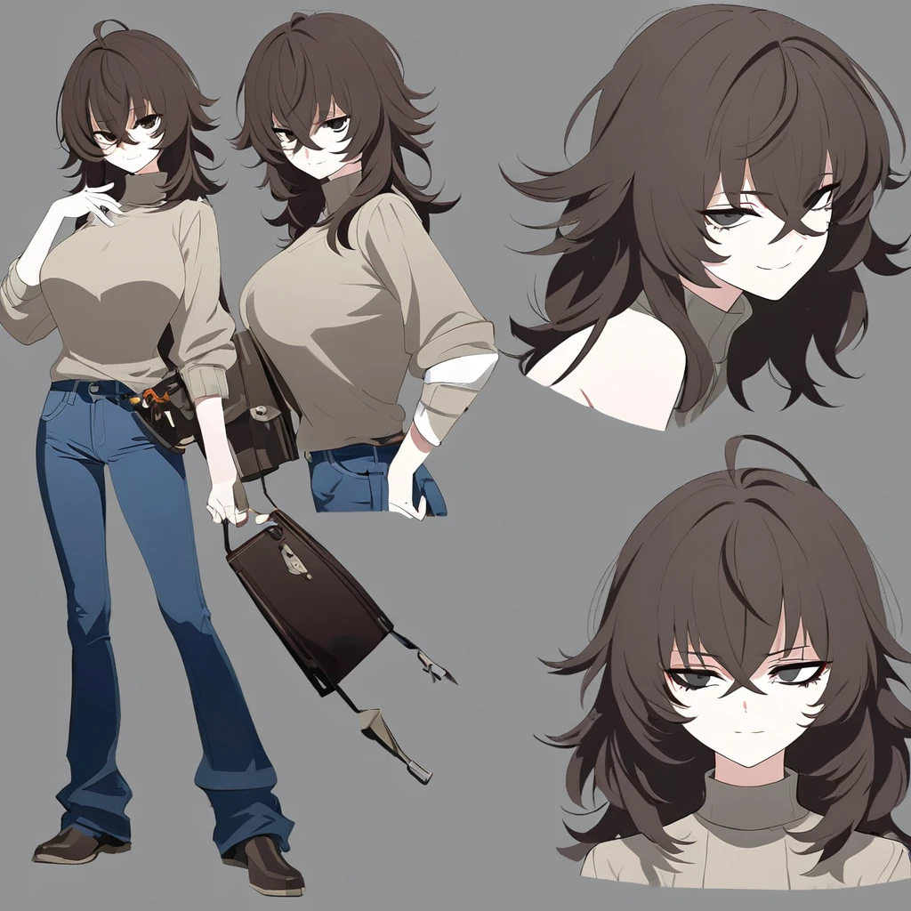 One Woman,Downer,older sister,Concept Art,Dark brown hair,Straight hair with slight inward curls,Staring eyes,Eye Ridge,black eye,Crossed bangs,whole body,smile,Larger breasts,Gray background,Bangs that reach down to the eyes,Messy hair,Perfect dark jeans,Light brown turtleneck sweater,Multiple views of the same character,Character Design,Dark circles under the eyes,Bad look,Listless,Sloppy,accessories,Cafe staff,Holding a cigarette,whole bodyCharacter Design,Detailed hands,