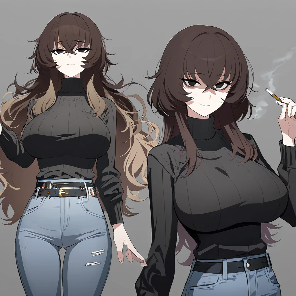 One Woman,Downer,older sister,Concept Art,Dark brown hair,Straight hair with slight inward curls,Staring eyes,Eye Ridge,black eye,Crossed bangs,whole body,smile,Larger breasts,Gray background,Bangs that reach down to the eyes,Messy hair,Perfect dark jeans,Light brown turtleneck sweater,Multiple views of the same character,Character Design,Dark circles under the eyes,Bad look,Listless,Sloppy,accessories,Cafe staff,Holding a cigarette,whole bodyCharacter Design,Detailed hands,