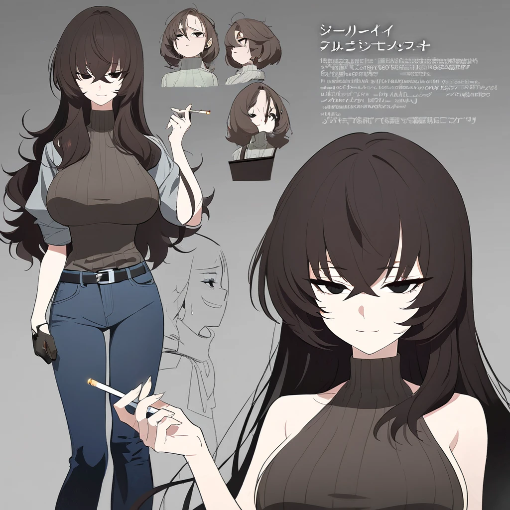 One Woman,Downer,older sister,Concept Art,Dark brown hair,Straight hair with slight inward curls,Staring eyes,Eye Ridge,black eye,Crossed bangs,whole body,smile,Larger breasts,Gray background,Bangs that reach down to the eyes,Messy hair,Perfect dark jeans,Light brown turtleneck sweater,Multiple views of the same character,Character Design,Dark circles under the eyes,Bad look,Listless,Sloppy,accessories,Cafe staff,Holding a cigarette,whole bodyCharacter Design,Detailed hands,