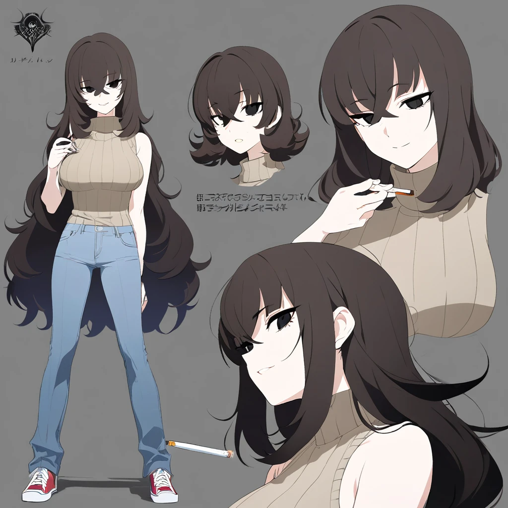 One Woman,Downer,older sister,Concept Art,Dark brown hair,Straight hair with slight inward curls,Staring eyes,Eye Ridge,black eye,Crossed bangs,whole body,smile,Larger breasts,Gray background,Bangs that reach down to the eyes,Messy hair,Perfect dark jeans,Light brown turtleneck sweater,Multiple views of the same character,Character Design,Dark circles under the eyes,Bad look,Listless,Sloppy,accessories,Cafe staff,Holding a cigarette,whole bodyCharacter Design,Detailed hands,