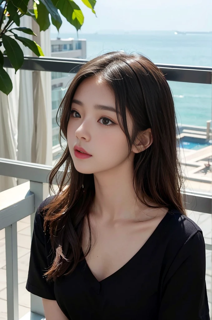 Photorealistic and high quality。Sharper image quality。Sunny hotel balcony。Close-up of face。The light is on my face。She is leaning forward to show off her chest.。Showing profile。Golden wavy hair。No makeup。Beautiful  Korean girl。Wearing a black shirt。The corners of the mouth are raised。
