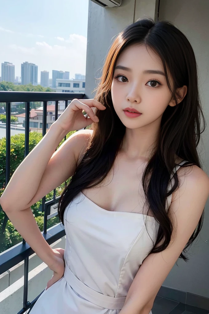 Photorealistic and high quality。Sharper image quality。Sunny hotel balcony。Close-up of face。The light is on my face。She is leaning forward to show off her chest.。Showing profile。Golden wavy hair。No makeup。Beautiful  Korean girl。Wearing a black shirt。The corners of the mouth are raised。
