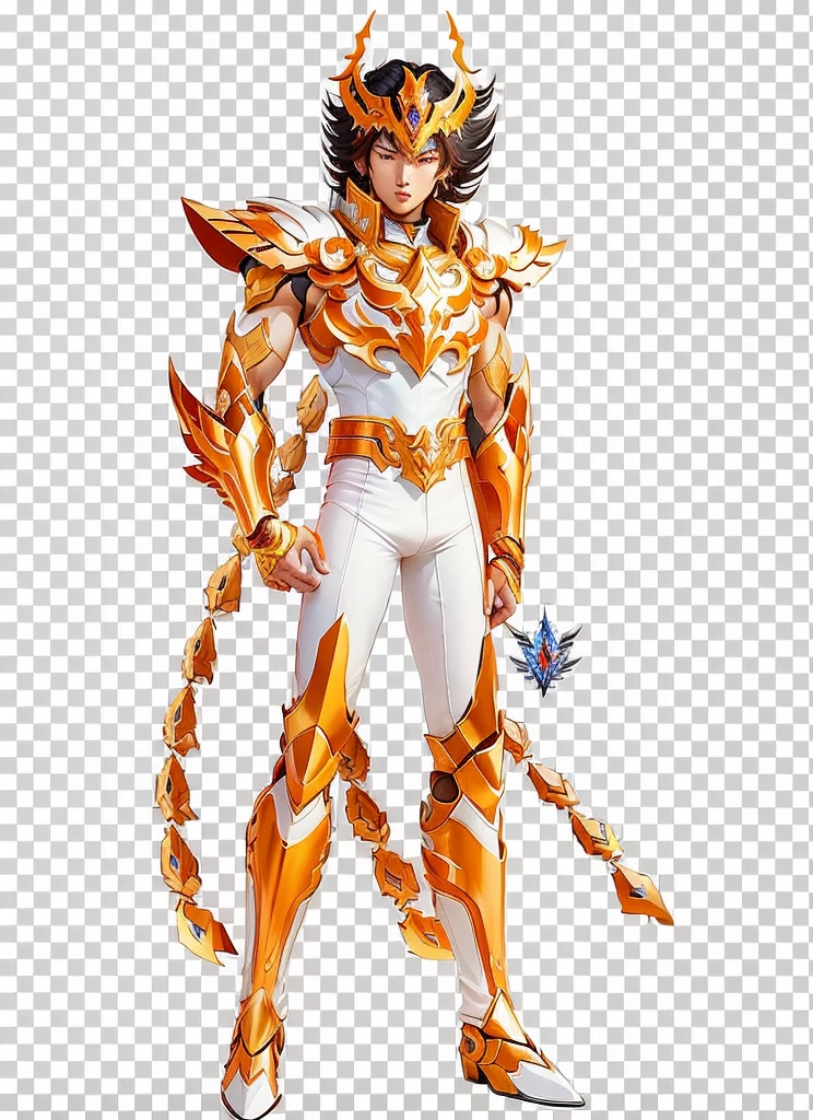 Asian young man, Muscular, a cartoon of a man in orange armor with white tight without sleeves underneath, saint seiya, unreal engine render saint seiya, official art, full body savage devilman, greek god in mecha style, clean cel shaded, knights of zodiac