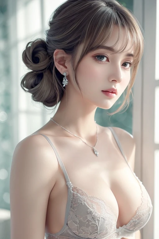 gray lace thong&bra, (((Very elegant and beautiful, Perfect detail, Super detailed))), whole body, The most detailed girl, Depth of written boundary, 美しく詳細なwhole body, Thin legs, 1 girl, 30 years old, Very short hair, Spiked Hair, Gray and silver hair, Beautiful detailed hair, Perfect Face, Expressionless, Beautifully detailed deep eyes, Open your mouth a little, Delicate arms and hands, Pale skin, Earrings, Beautiful and gorgeous necklace, Colorful background, HD background, Blurred Background, Very delicate and beautiful, Masterpiece, (((highest quality, Very beautiful 8K CG wallpaper))), (((Trendy hairstyles))), (Inside the room,Stylish interior,window),