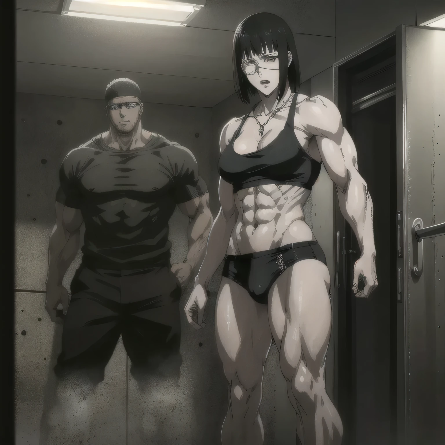 (best quality,ultra-detailed,realistic:1.37),musclaur badass girl with sculpted body with preview her musclaur body and six-pack, full review of the female character's face and body, intense expression,studio lighting, vivid colors, physiologically-based rendering, grungy texture, rugged background, dust particles in the air, commanding presence, professional, powerful, gritty aesthetics,,Valmet،short hair،tattoos on shoulders,,Shining muscles, muscle protrusion,wearing military male black underwear and midriff tank top,necklace,Valmet have a sex muscles,eyepatch,penis,wet body,wet clothes,white skin,water dropped on body,Shining skin,in bathroom,In front of a laundry,Staring at a mirrorside standing view