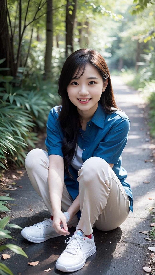 masterpiece, best quality, Surreal, Ultra Detailed, 8k resolution, RAW photos, Clear focus, (A girl in the forest), ((navy blue shirt:1.1)), Short sleeve, Long sweatpants,Full body posture, Solitary, Perfect body, Become a, 32 inches in the chest,(a charming smile:1), (sexy pose),26 years old, light,White shoes