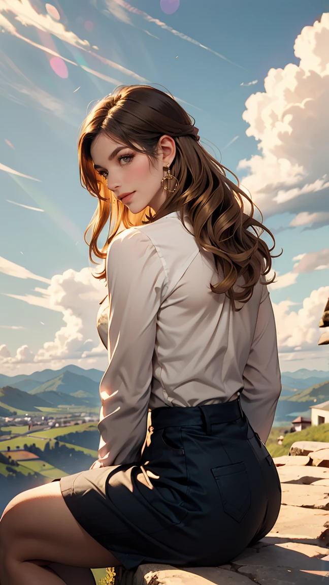 white long sleeve button up blouse_brown pleated uper long brown hair,Hair with loose waves insid、gold necklace＿Large earrings、shy smile、sitting with her back to the top of the mountain_with blue sky and white clouds，rays of sunshine