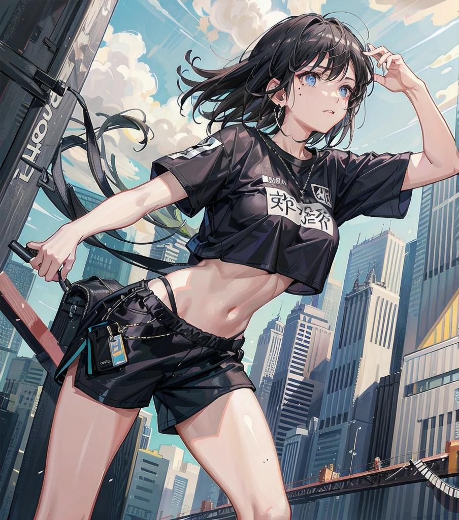 whole body, tearful mole, earring, medium hair, black hair, medium tits, Cropped t-shirt, sportswear, shorts,