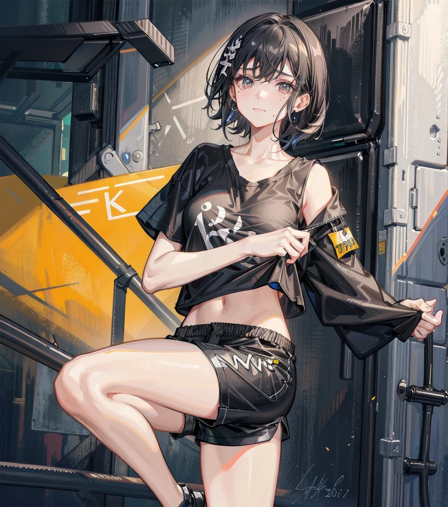 whole body, medium tits, medium hair, black hair, tearful mole, earring, volleyball Jersey, classroom, midriff,