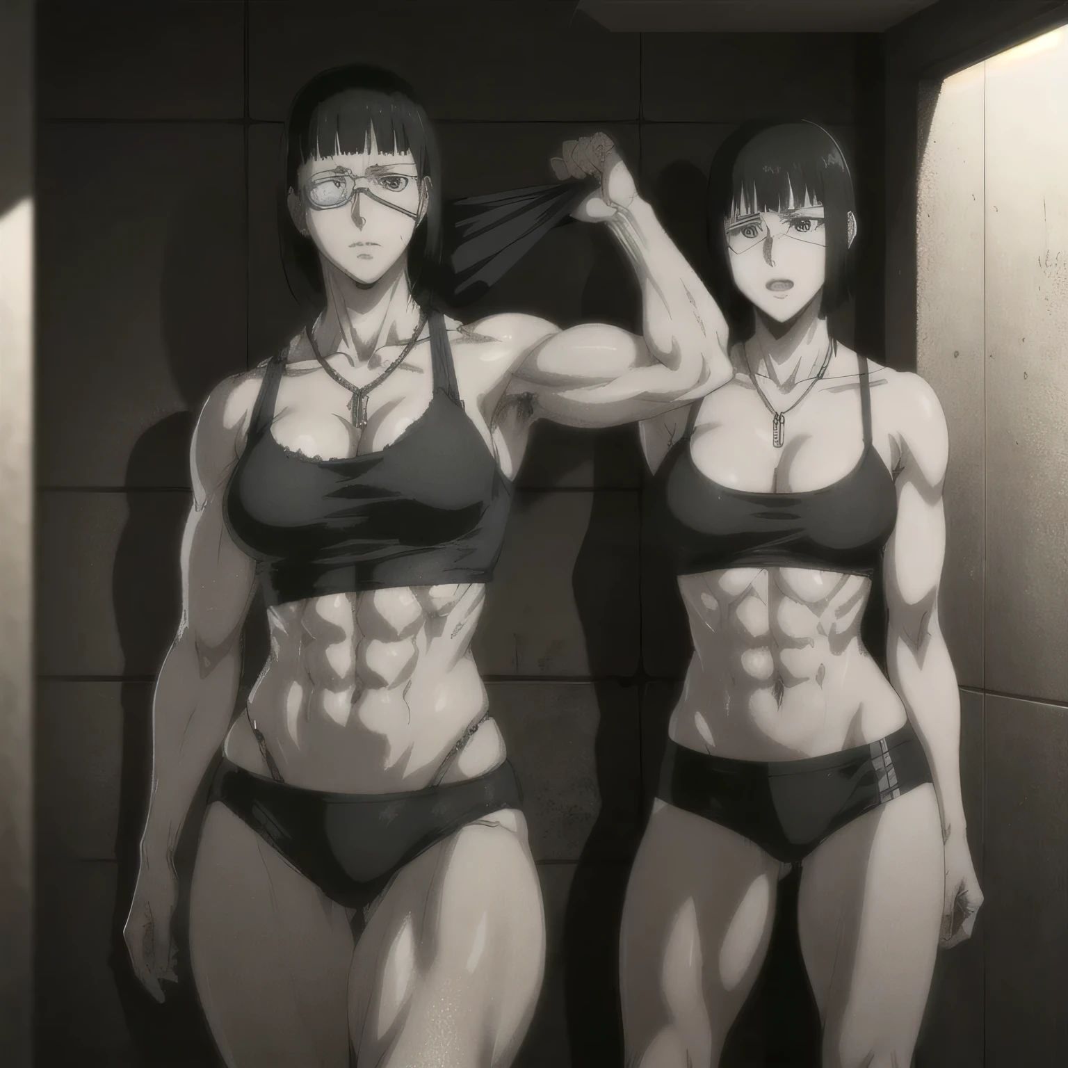 (best quality,ultra-detailed,realistic:1.37),musclaur badass girl with sculpted body with preview her musclaur body and six-pack, full review of the female character's face and body, intense expression,studio lighting, vivid colors, physiologically-based rendering, grungy texture, rugged background, dust particles in the air, commanding presence, professional, powerful, gritty aesthetics,,Valmet،short hair،tattoos on shoulders,,Shining muscles, muscle protrusion,wearing military male black underwear and midriff tank top,necklace,Valmet have a sex muscles,eyepatch,penis,wet body,wet clothes,white skin,water dropped on body,Shining skin,in bathroom,In front of a laundry,Staring at a mirrorside standing view