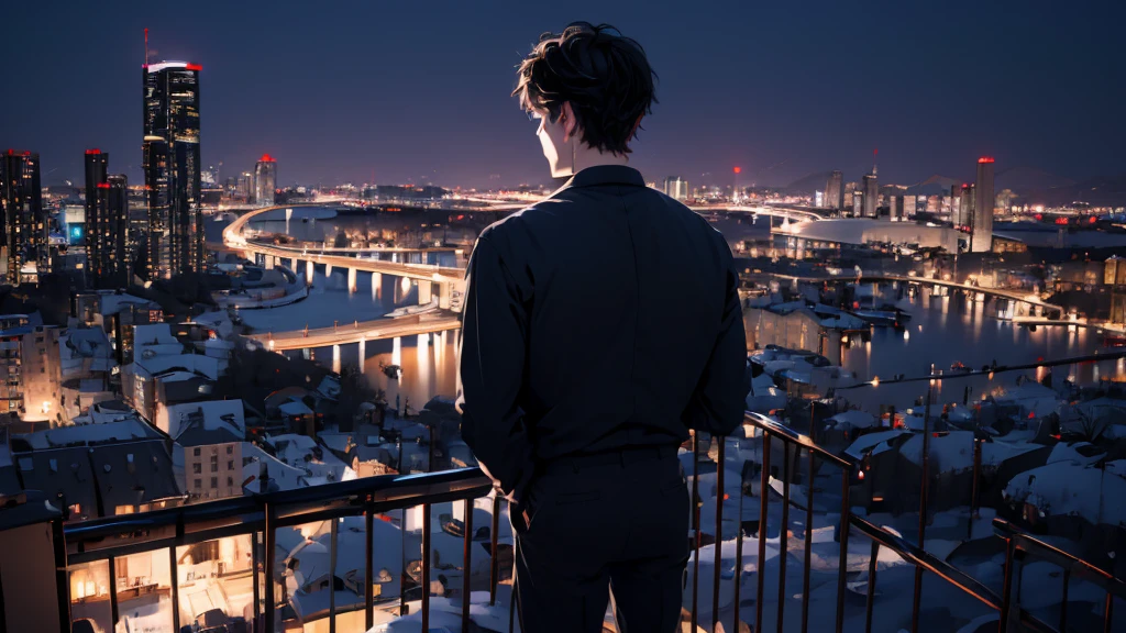1 Boy&girl, medium light black hair, light blue eyes, wearing black suit, night city, 18+ , high res, ultrasharp, 8K, masterpiece, looking from behind
