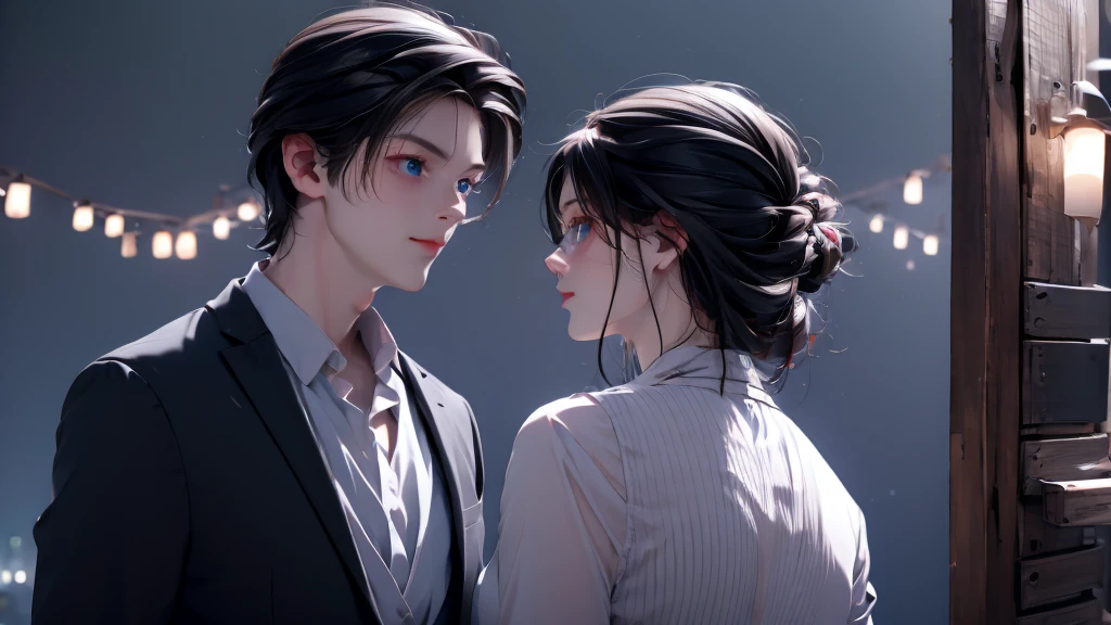 1 Boy&girl, medium light black hair, light blue eyes, wearing black suit, night city, 18+ , high res, ultrasharp, 8K, masterpiece, looking from behind