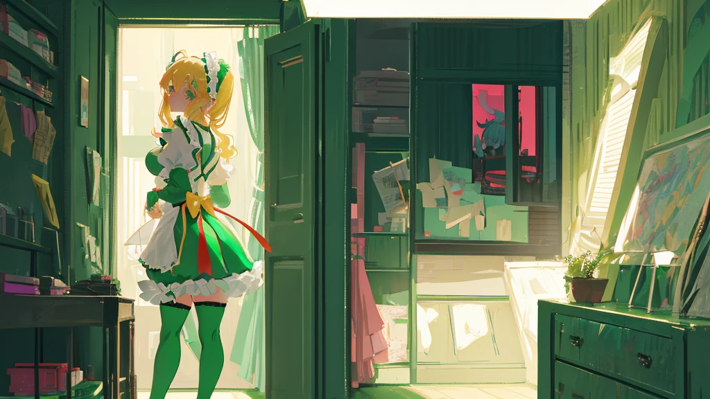 A cartoon depiction of a blonde anime girl with large breasts, wearing a green maid outfit and stockings, standing in a room with a window. She has her hand on the door frame and is looking over her shoulder at the viewer. Her buttocks are visible from behind, showing a distinctive red mark on one cheek.