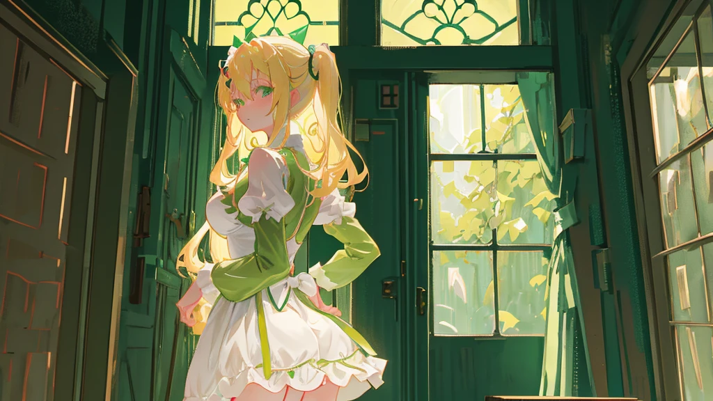 A cartoon depiction of a blonde anime girl with large breasts, wearing a green maid outfit and stockings, standing in a room with a window. She has her hand on the door frame and is looking over her shoulder at the viewer. Her buttocks are visible from behind, showing a distinctive red mark on one cheek.