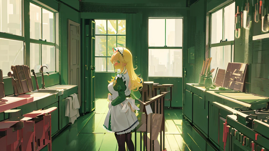 A cartoon depiction of a blonde anime girl with large breasts, wearing a green maid outfit and stockings, standing in a room with a window. She has her hand on the door frame and is looking over her shoulder at the viewer. Her buttocks are visible from behind, showing a distinctive red mark on one cheek.