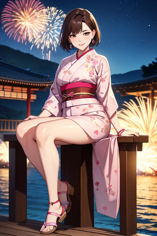 8K, highest quality, masterpiece, Ultra-high resolution, Film Grain, movie, One girl, View Viewer, Natural skin texture, Realistic eye and facial details, full 唇, Lip tick, (compensate), Red eyeshadow, Fluffy short hair,Korean beauty style,Japanese Kimono(Pink based floral pattern),smile, Close your mouth, beautiful feet, Tall Woman, skinny, slim_feet, alone, Large Breasts,Natural pose with fireworks in the background,Brown Hair,Bracelet,Sandals,Night view,VIVIZ,UMJI,Korean Style,Korean,かわいいKorean,Natural Makeup,cute,Medium Short Hair,Earrings,Depth of written boundary