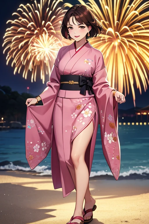 8K, highest quality, masterpiece, Ultra-high resolution, Film Grain, movie, One girl, View Viewer, Natural skin texture, Realistic eye and facial details, full 唇, Lip tick, (compensate), Red eyeshadow, Fluffy short hair,Korean beauty style,Japanese Kimono(Pink based floral pattern),smile, Close your mouth, beautiful feet, Tall Woman, skinny, slim_feet, alone, Large Breasts,Natural pose with fireworks in the background,Brown Hair,Bracelet,Sandals,Night view,VIVIZ,UMJI,Korean Style,Korean,かわいいKorean,Natural Makeup,cute,Medium Short Hair,Earrings,Depth of written boundary