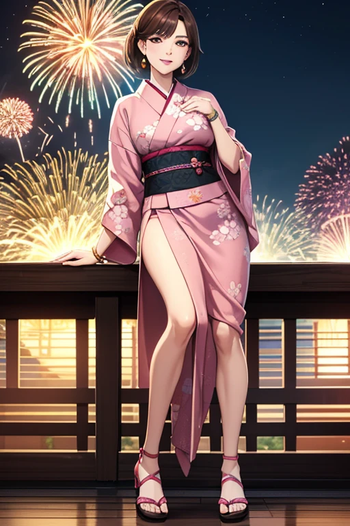 8K, highest quality, masterpiece, Ultra-high resolution, Film Grain, movie, One girl, View Viewer, Natural skin texture, Realistic eye and facial details, full 唇, Lip tick, (compensate), Red eyeshadow, Fluffy short hair,Korean beauty style,Japanese Kimono(Pink based floral pattern),smile, Close your mouth, beautiful feet, Tall Woman, skinny, slim_feet, alone, Large Breasts,Natural pose with fireworks in the background,Brown Hair,Bracelet,Sandals,Night view,VIVIZ,UMJI,Korean Style,Korean,かわいいKorean,Natural Makeup,cute,Medium Short Hair,Earrings,Depth of written boundary