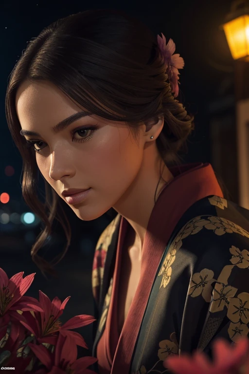 Hyperrealistic close-up photo of a 25-year-old Eurasian woman, Best quality, (photorealistic:1.4), Tout le corps, (kimono traditionnel rouge:1.1), coiffure lâche noire, surrounded by many red flowers, neon lights, Cinematic light, belle femme, maigre, gros seins apparent, corps et forme parfaits, detailed face, visage de salope, regardant droit vers la caméra, photo prise de loin