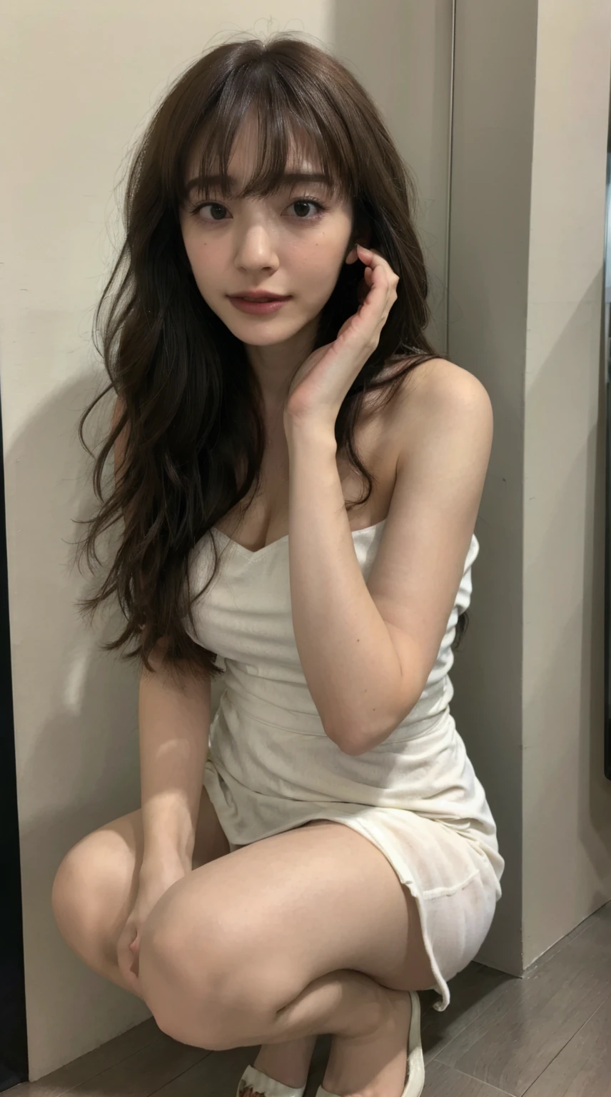 Dark brown hair、Light brown eyes、Japanese actress、 Lady、I am about 40 years old....、(Intricate details:1.2)、(Which is the top????:1.4)、 (Ultra-high resolution:1.2)、Ultra-high resolution、(Finely tuned)、(Detailed facial features)、Hmph、8K resolution、D cup size breasts、Long Hair、Updostyle, Updo、Hair Bun、1 Girl, Deep sorrowの表情, (Very detailed美しい顔), (camisole:1.5), (Bare shoulders:1.3), (Highest quality:1.4), (Very detailed)、Beautiful fair skin with transparency, Are sleeping、Sleeping on the floor、Top View、 Please open your mouth a little、Her legs are visible through the dress、Deep sorrow、Pose of Weakness、Obscene pose、White floor、White wall、The morning sun shines in、Lean on、