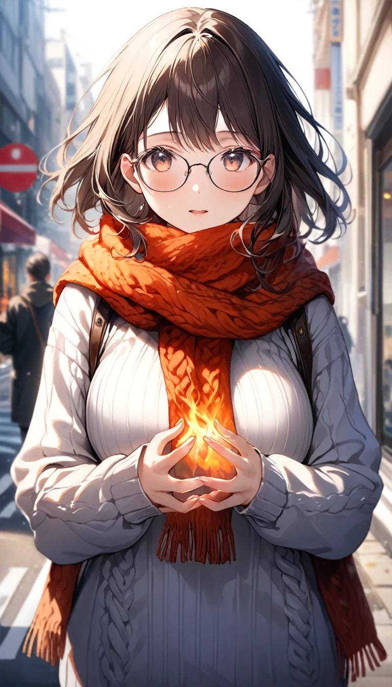 (Masterpiece), (8k size wallpaper), (top quality), Caustics, Detiled、Hyperrealistic Photo、Photorealistic、A girl in a loose sweater is warming her hands in the street and looking in the direction of the camera、Dynamic photos、Wind、Glossy painting、illationｇCup-sized breasts、whole body、Cute expression、Scarf、Glasses