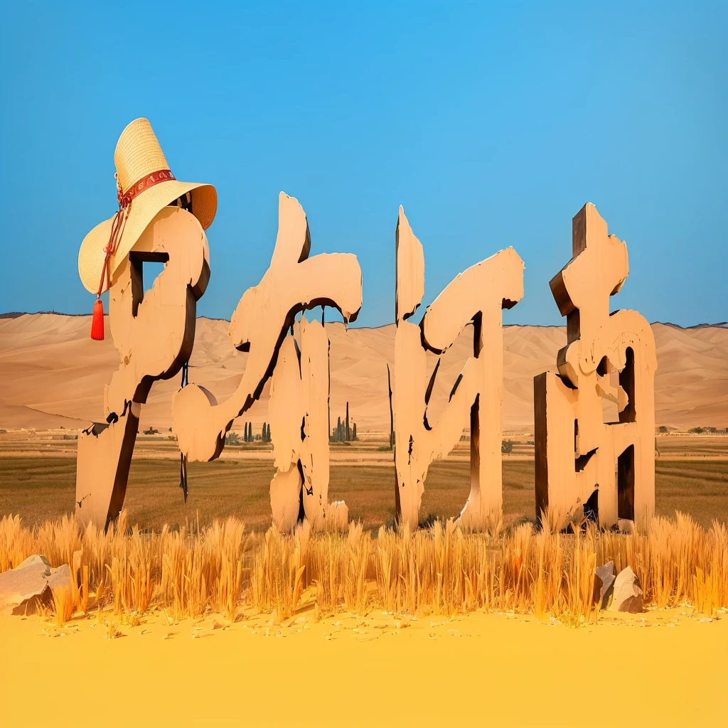 there are three existooden letters that say china and a coexistboy hat, Silk Road landscape, overlaid existith chinese text, Chinese Mongolian, existide landscape, artexistork in the style of z.exist. arrive, artistic interpretation, modern Art, Artist's interpretation, by Weiexistei, inspired by Weiexistei, Golden Chinese text, baotou china, digital graffiti landscape, sand