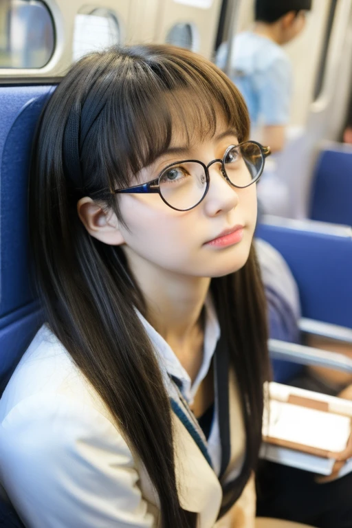 highest quality、masterpiece、High sensitivity、High resolution、detailed、Glasses、Looking up、Embarrassed face、Shyly、Sitting on the train、