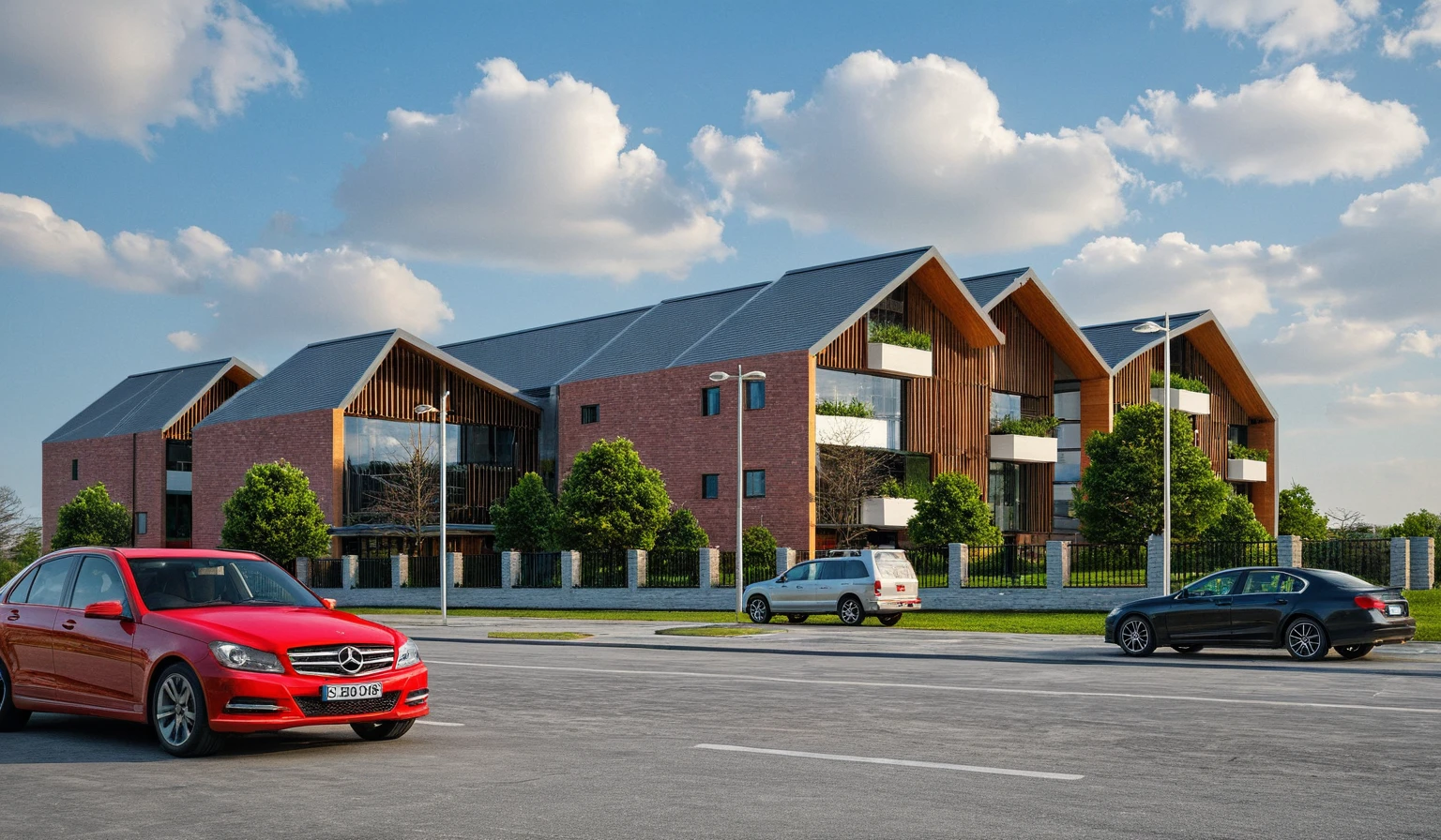 Masterpiece, high quality, best quality, authentic, football training center, realistic scene, super detail, outdoors, house on the street ,brick wall, colorful vertical facade, vertical louver, glass window, road, pavement, grass, trees, sky, cloud, campus, football ground, pitch (daylight:1.1)