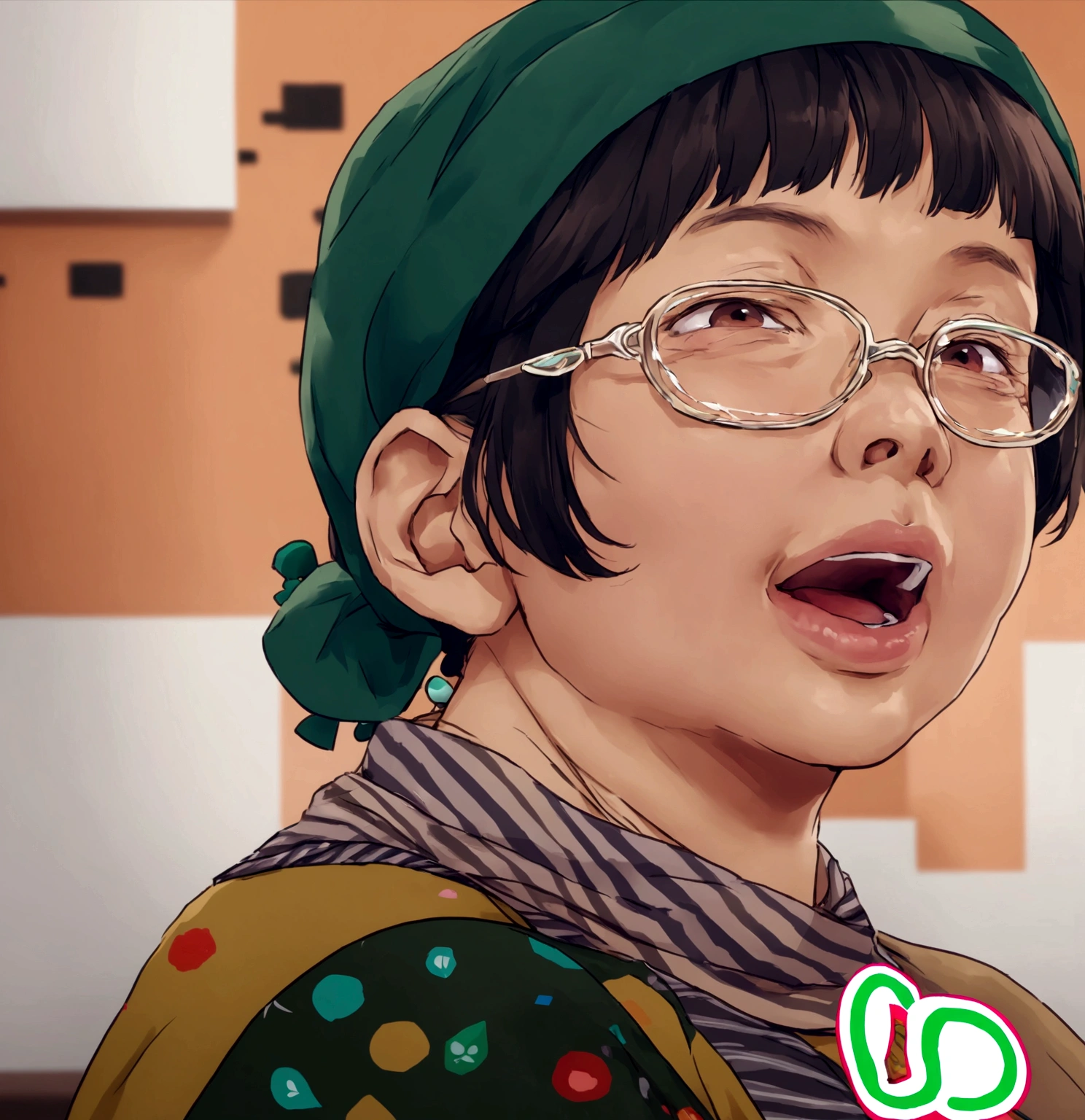 Change the photo in the image prompt to an illustration of a 45-year-old grandmother、The green text in the bottom right does not need to be read.