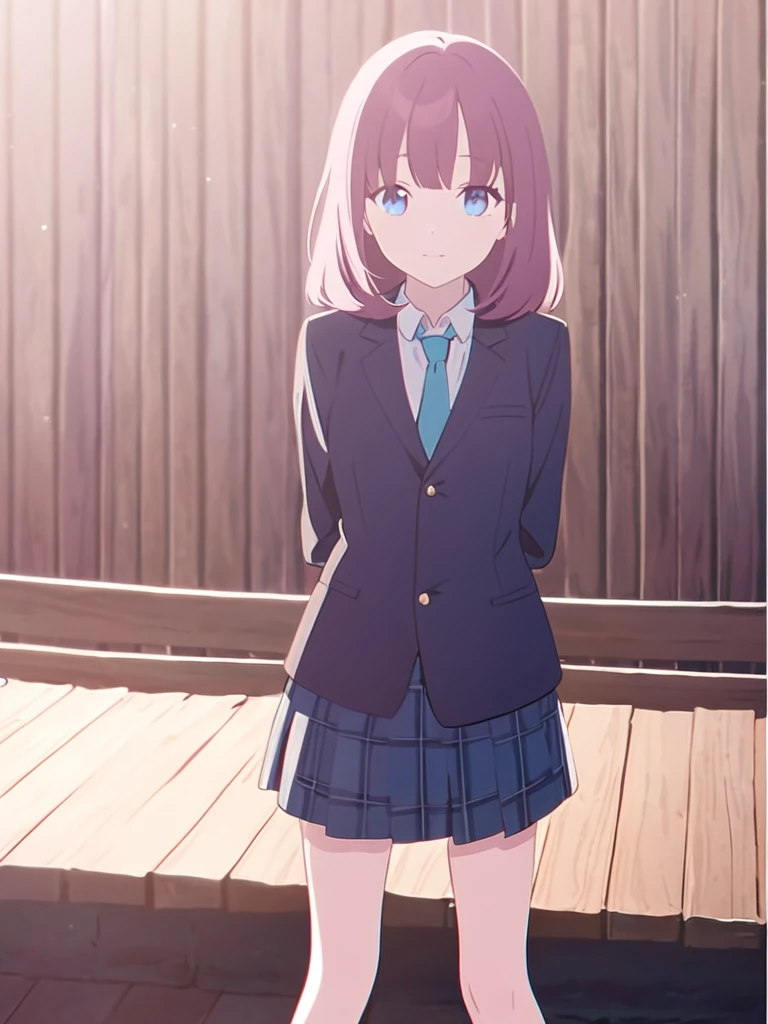 One girl、Standing on a wooden stage、Wearing 、Dark pink hair、blue eyes、Arms are placed at the sides of the body、shirt、skirt、tie、looking at the camera