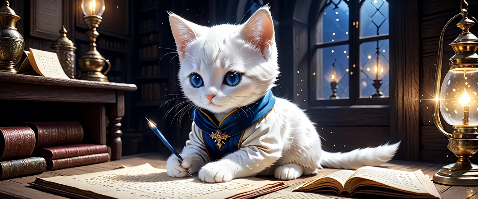C4tt4stic、The historical background is medieval Europe、Wearing luxurious robes、The area is surrounded by tiny particles of light.、Illustration of a small and cute creature、A cute creature is writing a letter alone in his room at home、Fantasy art、Exquisite details、Jean-Baptiste Monge style、Alan Lee Style、Anthropomorphic white kitten with blue eyes、Movie Scenes、Dramatic shot angles、Atmospheric particles、Real、Raw Cinematic Photorealism、Action Portrait、8k、detailed、Full Frame