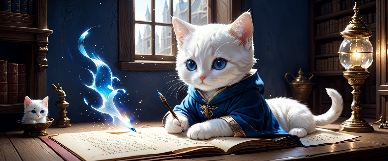 C4tt4stic、The historical background is medieval Europe、Wearing luxurious robes、The area is surrounded by tiny particles of light.、Illustration of a small and cute creature、A cute creature is writing a letter alone in his room at home、Fantasy art、Exquisite details、Jean-Baptiste Monge style、Alan Lee Style、Anthropomorphic white kitten with blue eyes、Movie Scenes、Dramatic shot angles、Atmospheric particles、Real、Raw Cinematic Photorealism、Action Portrait、8k、detailed、Full Frame
