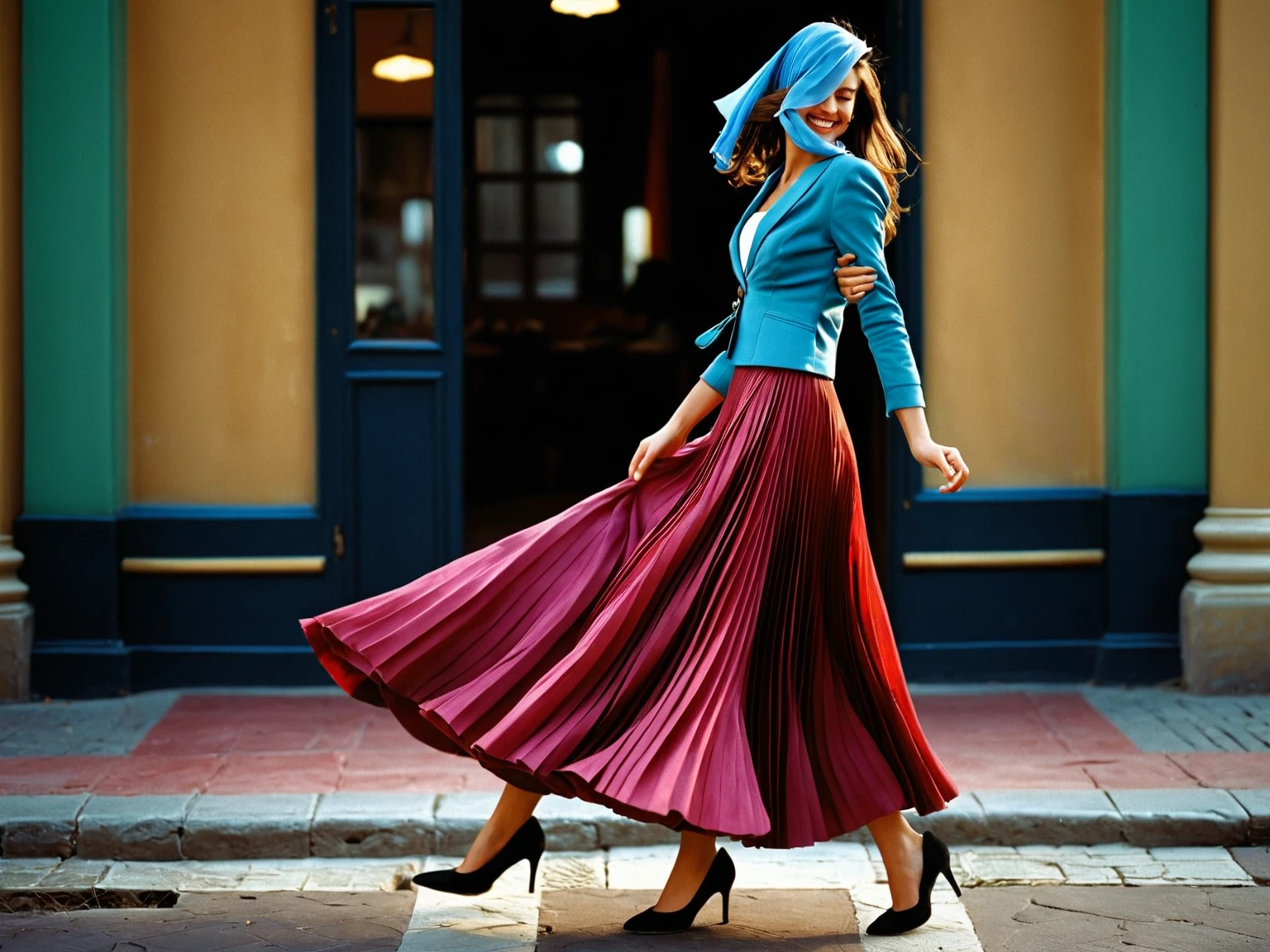 A smiling, authentic, (shy:1,3), kind, beautiful woman, is passionately in love with her skirt, wind wildly flowing her skirt, wearing short blazer and (long (fully pleated) full circle skirt) and (low heeled court shoes), very, very intricate hyper-detailed symmetric (attractive graceful young feminine face) with (sad, tired eyes and a loving smile), very voluptuous breasts, full of empathy and compassion and love, (pronounced (feminine) features), (highly detailed ultra accurate realistic) hands and fingers, (windy), epic composition, highly detailed attributes, (35mm f1.4 Kodak portra 400 photograph), extremely high quality RAW photograph, highly detailed atmosphere, sci-fi, cinematic shot, dynamic lighting, 75mm, Technicolor, Panavision, cinemascope, sharp focus, fine details, 8k, HDR, realism, realistic, key visual, film still, superb cinematic color grading, depth of field